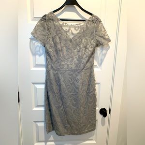 Jade by Jasmine short dress, silvery gray Lace w/attached slip lining, size 10